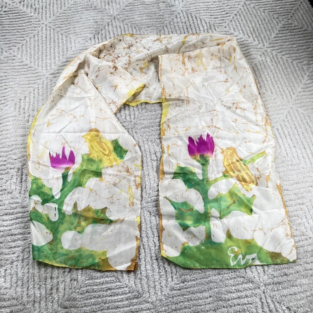 Eva Silk Scarf Bird Flower Batik Naturecore Art Art Deco Cottagecore Boho VTG